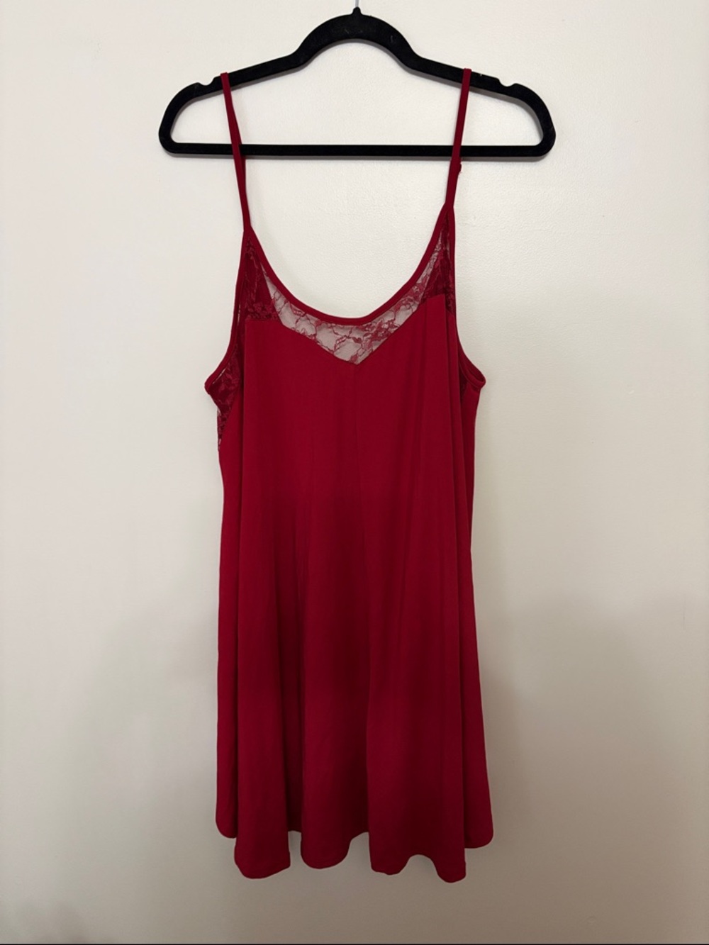 Lace-Trim Satin-Feel Red Slip Chemise with Adjustable Straps